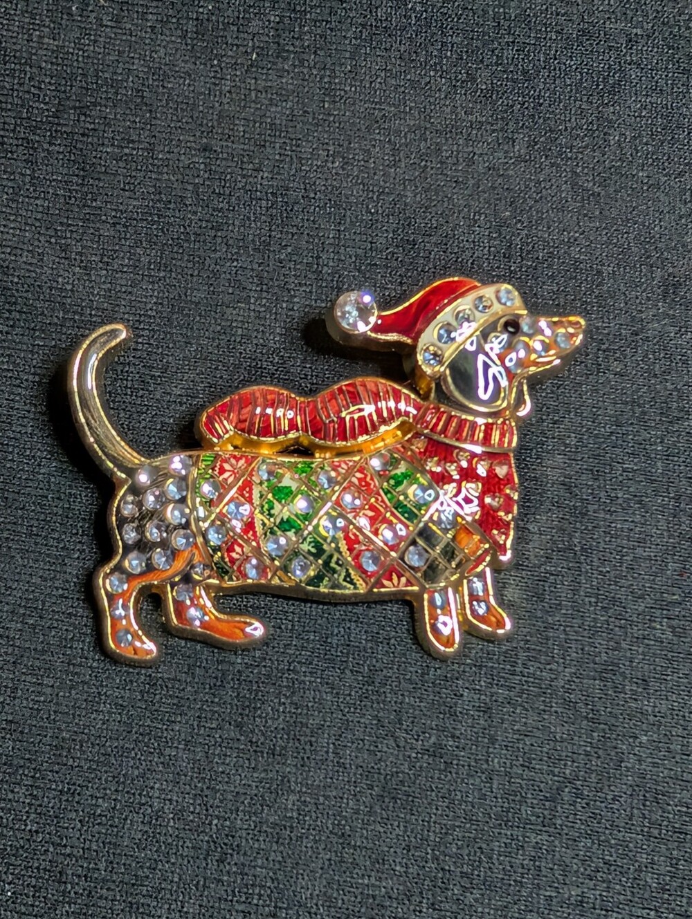 Festive Red & Green Dachshund Holiday Brooch